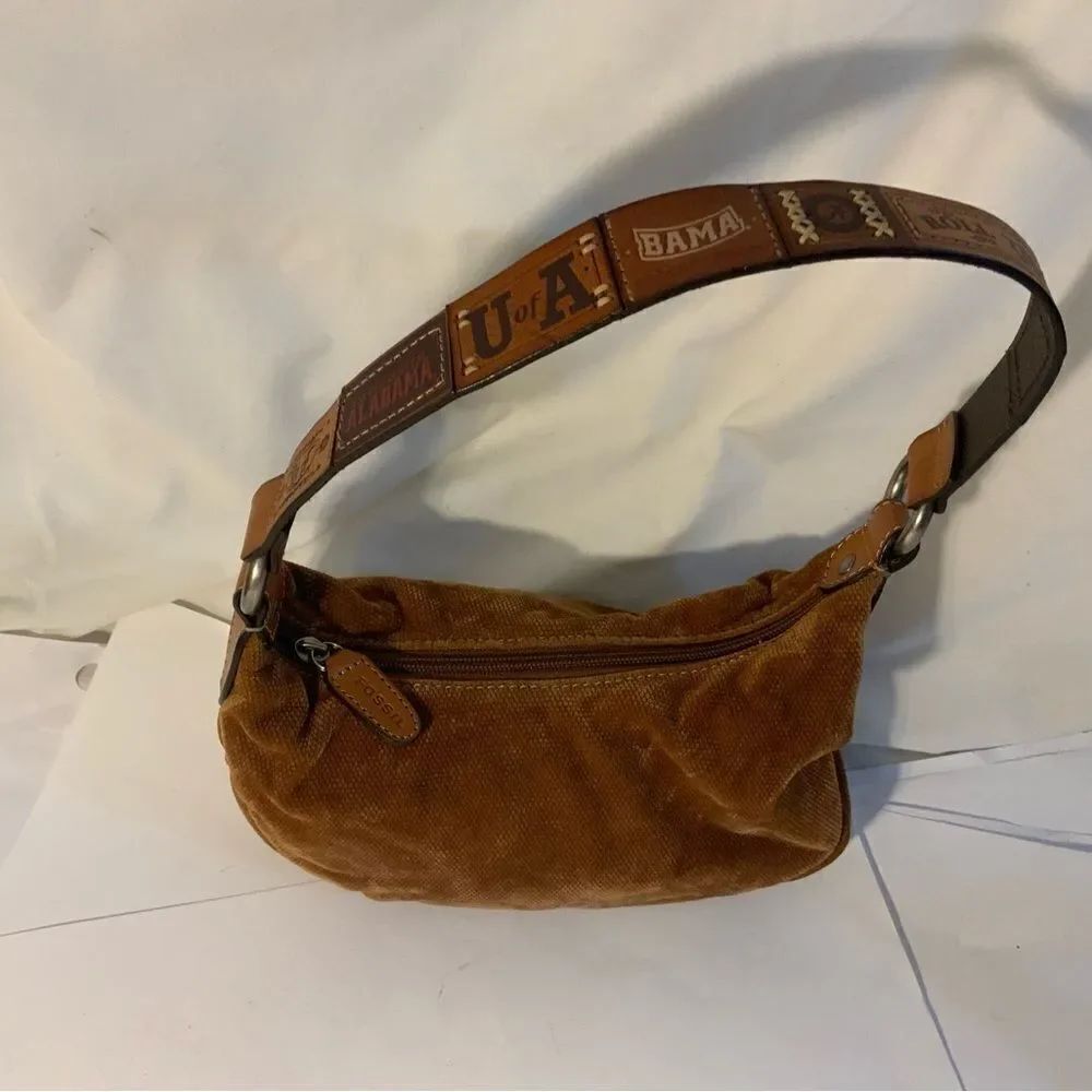 Fossil Brown Brushed Corduroy Velvet  Handbag Leather University of AL Strap
